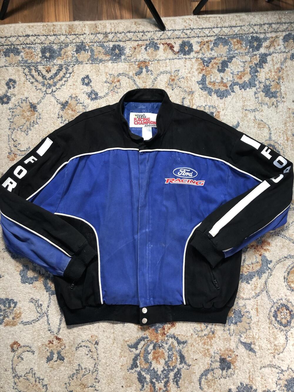 Ford Racing Jacket Mens Large Blue Black NASCAR Auto Racing Ford Racing Cotton